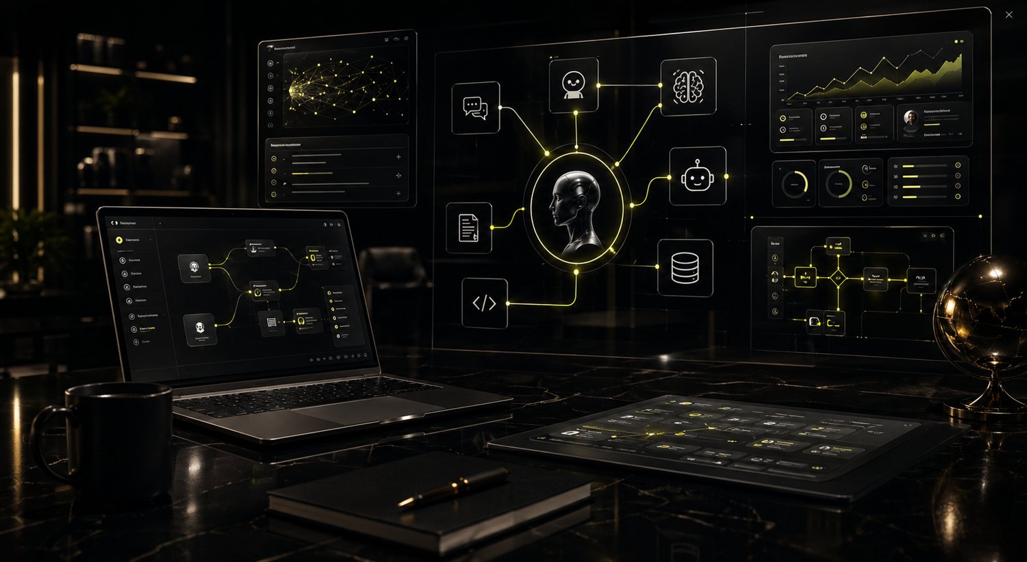 Console premium d'automatisation IA : agents, prompts et workflows en action