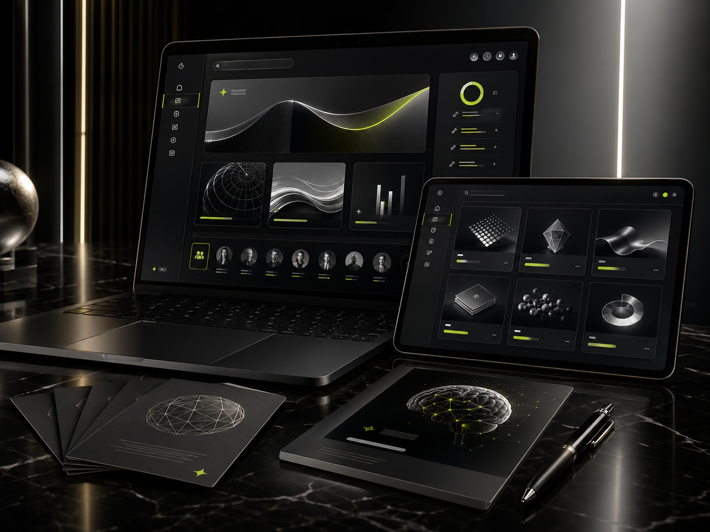 Interface premium de formation IA avec tableaux de bord, prompts et modules de cours